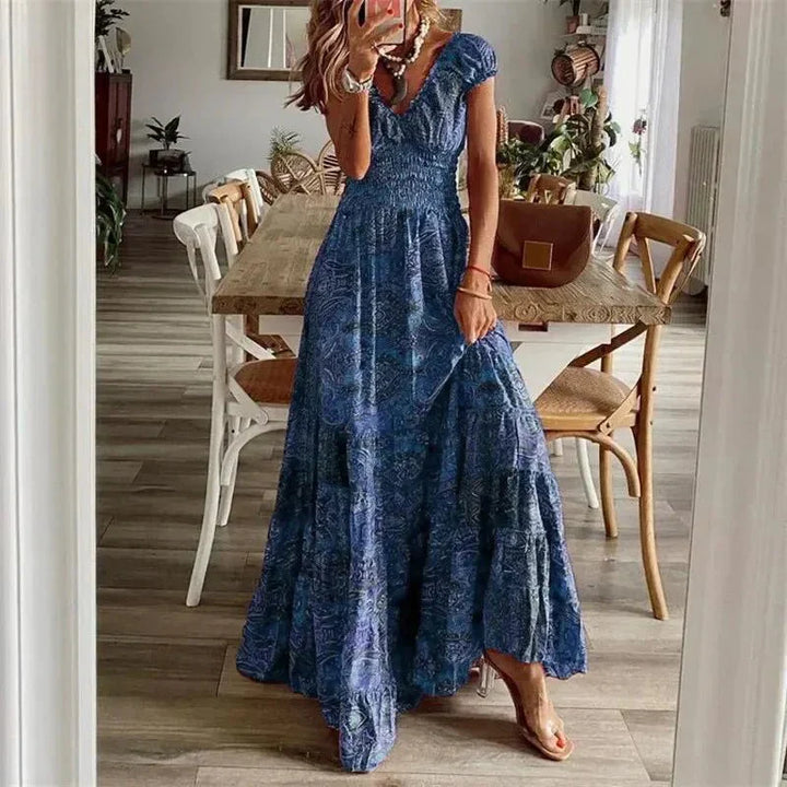 Damen Sommer Maxikleid mit kurzen Ärmeln und V-Ausschnitt