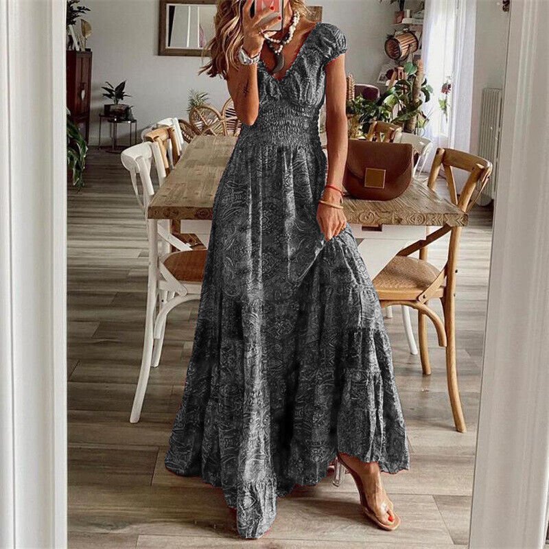 Damen Sommer Maxikleid mit kurzen Ärmeln und V-Ausschnitt