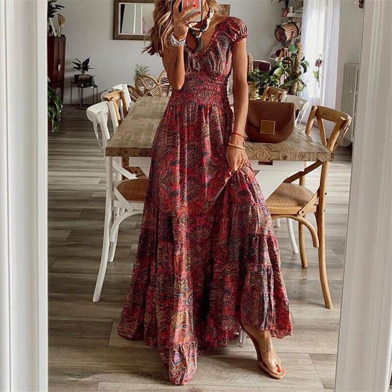 Damen Sommer Maxikleid mit kurzen Ärmeln und V-Ausschnitt