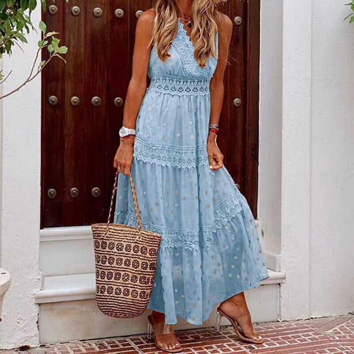 Ärmelloses Damen-Maxikleid mit Stufendesign und Spitzenbesatz