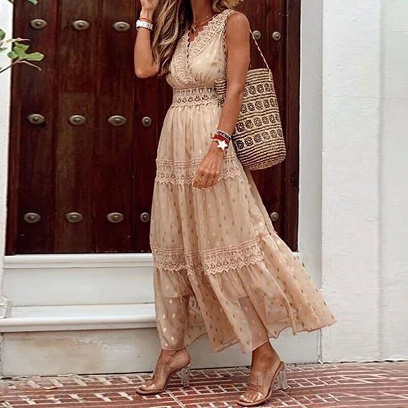 Ärmelloses Damen-Maxikleid mit Stufendesign und Spitzenbesatz