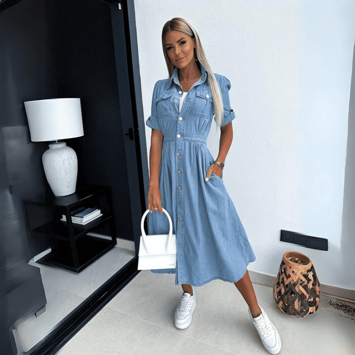 Damen Denim Midi Kleid mit kurzen Ärmeln und Kragen