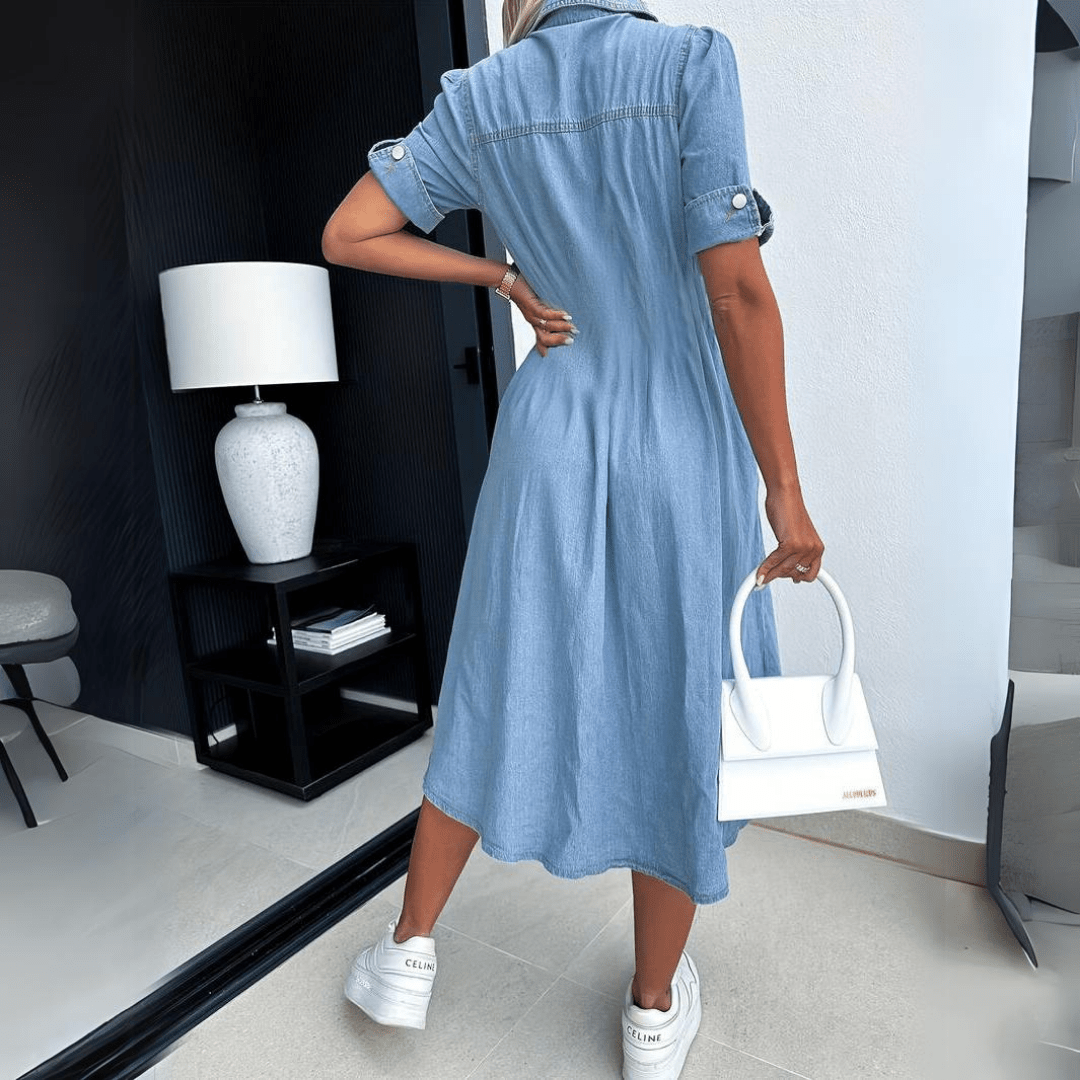 Damen Denim Midi Kleid mit kurzen Ärmeln und Kragen