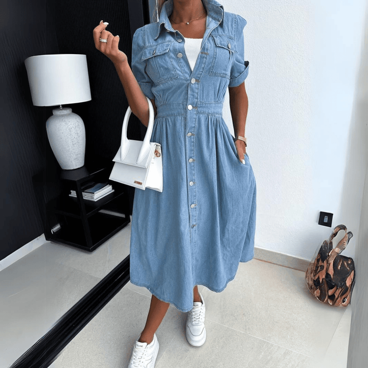 Damen Denim Midi Kleid mit kurzen Ärmeln und Kragen