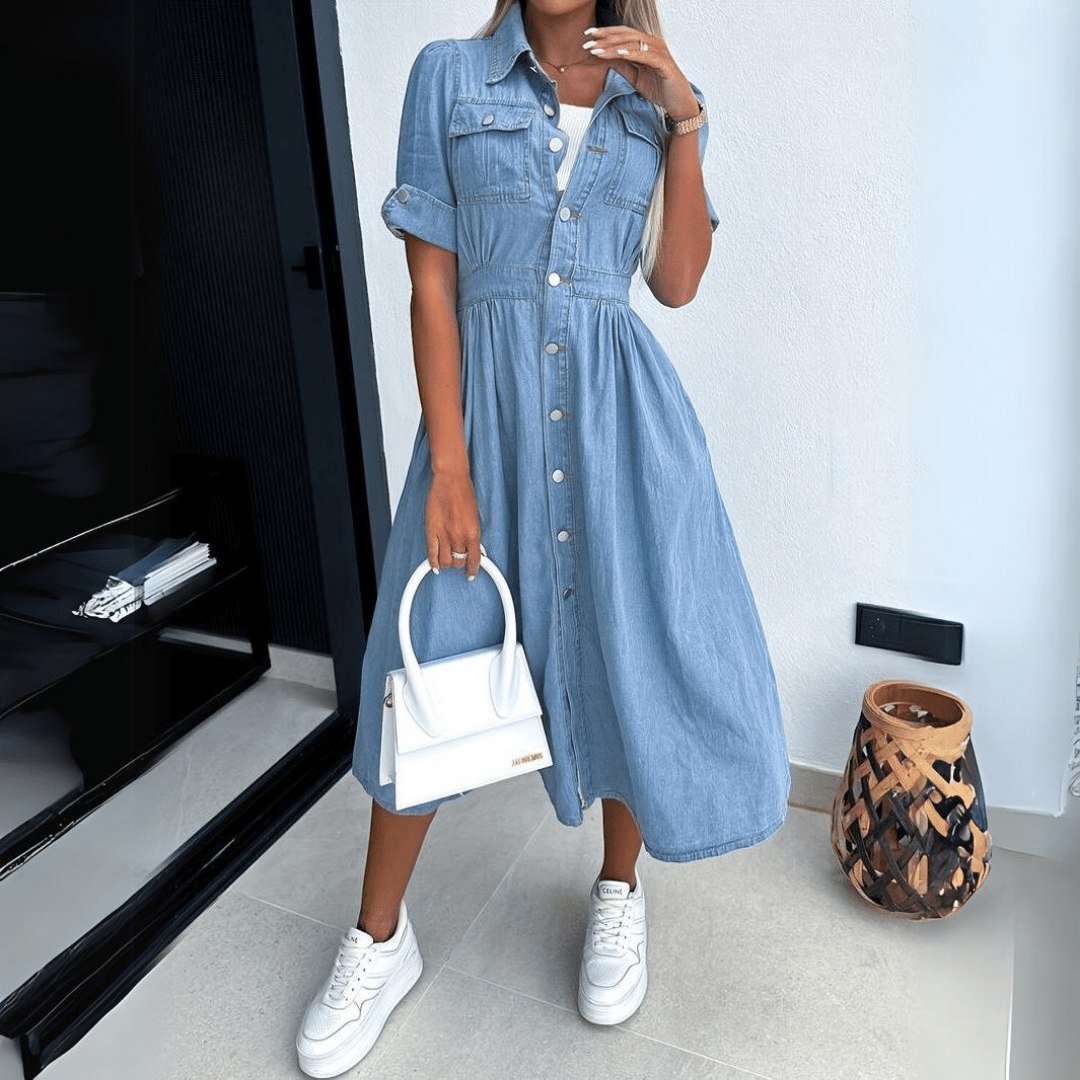 Damen Denim Midi Kleid mit kurzen Ärmeln und Kragen