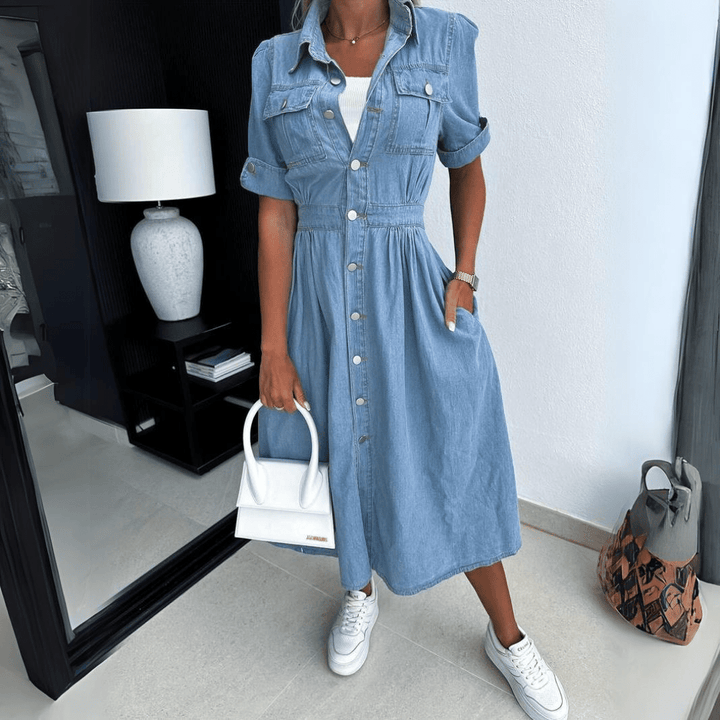 Damen Denim Midi Kleid mit kurzen Ärmeln und Kragen
