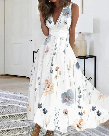 Damen Midikleid für den Sommer mit Blumenmuster und V-Ausschnitt