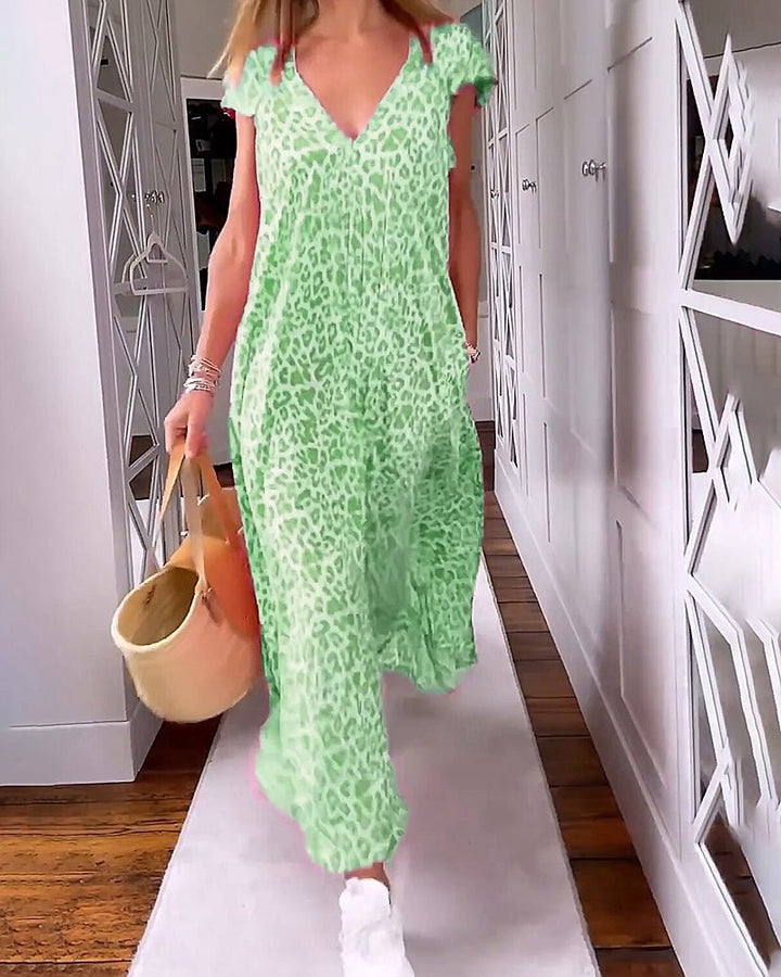 Damen Sommer-Midi-Kleid mit V-Ausschnitt und Leopardenmuster