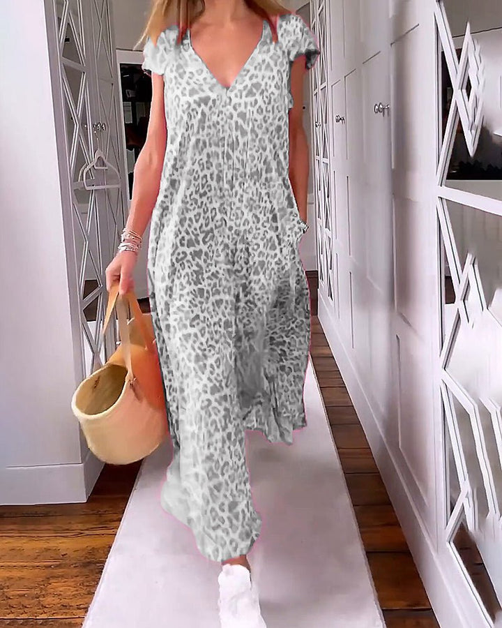 Damen Sommer-Midi-Kleid mit V-Ausschnitt und Leopardenmuster