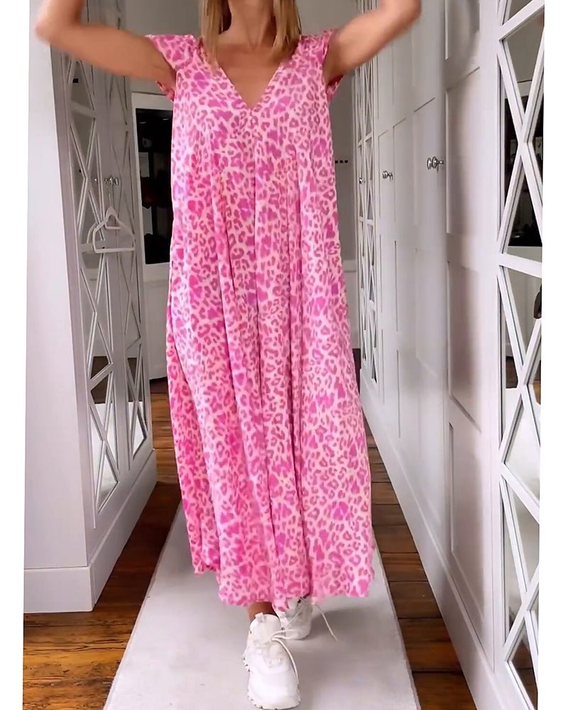 Damen Sommer-Midi-Kleid mit V-Ausschnitt und Leopardenmuster