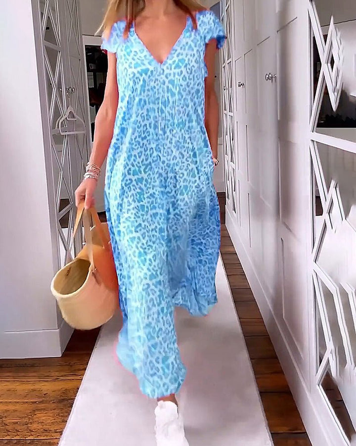 Damen Sommer-Midi-Kleid mit V-Ausschnitt und Leopardenmuster