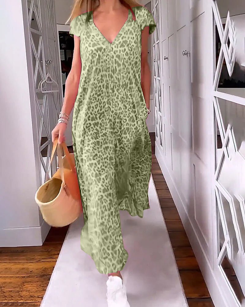 Damen Sommer-Midi-Kleid mit V-Ausschnitt und Leopardenmuster