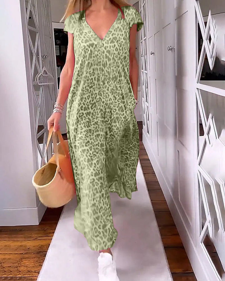 Damen Sommer-Midi-Kleid mit V-Ausschnitt und Leopardenmuster