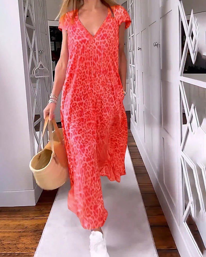 Damen Sommer-Midi-Kleid mit V-Ausschnitt und Leopardenmuster
