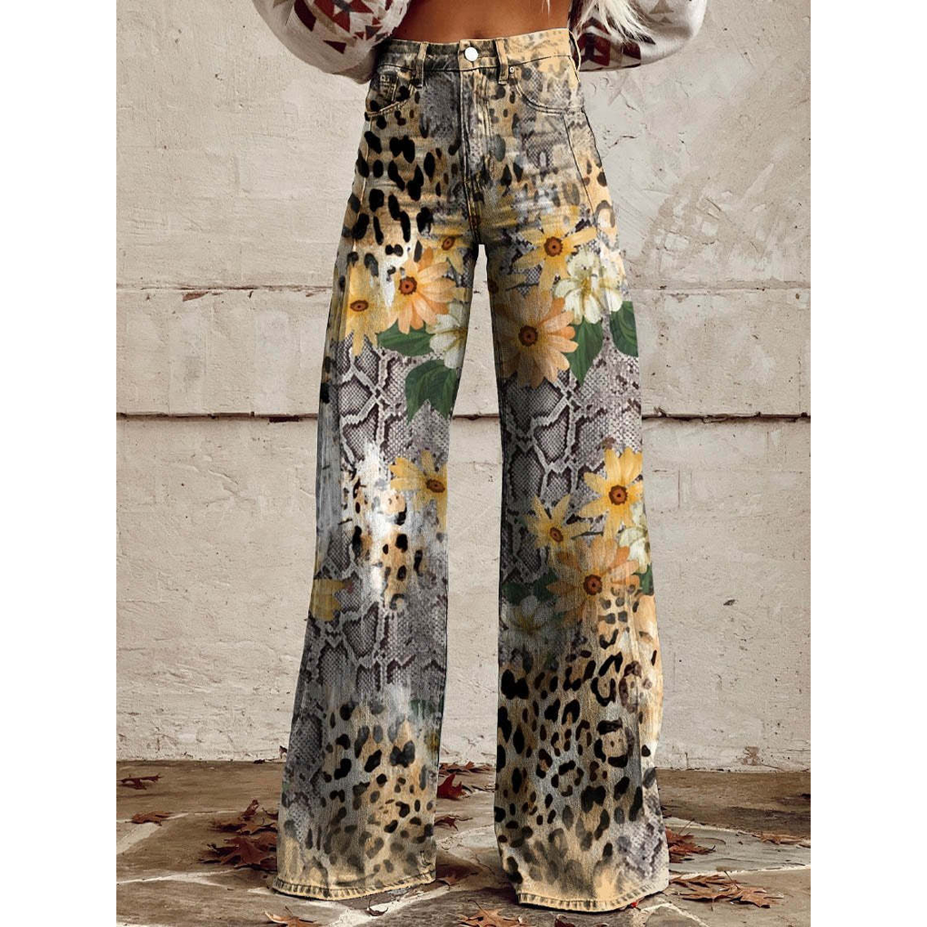 Lange Jeanshose für Damen – Ritan Blumen- und Uni-Prints