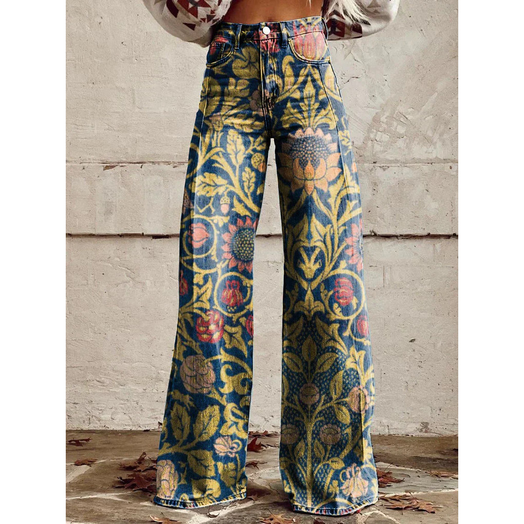 Lange Jeanshose für Damen – Ritan Blumen- und Uni-Prints