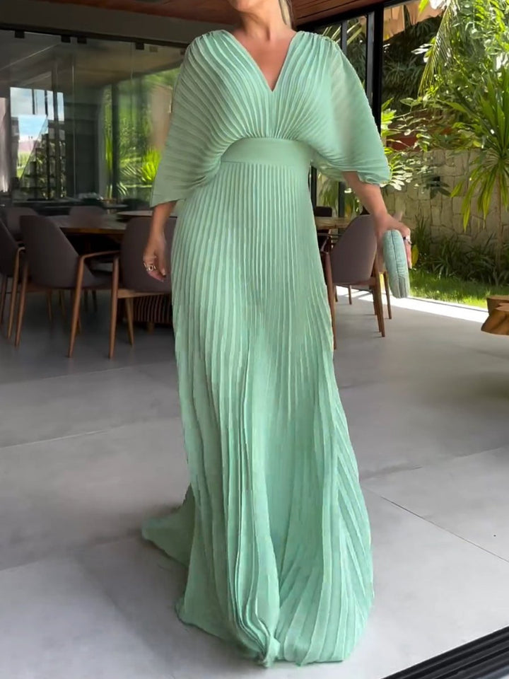 Damen Pleated Maxi-Kleid mit V-Ausschnitt für den Sommer