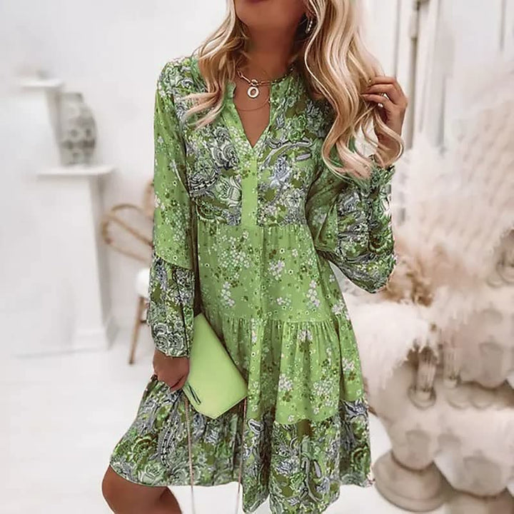 Damen Blumenkleid im Mini-Stil mit V-Ausschnitt und langen Ärmeln