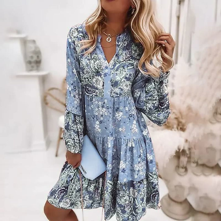 Damen Blumenkleid im Mini-Stil mit V-Ausschnitt und langen Ärmeln