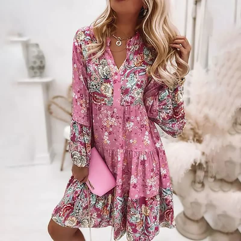 Damen Blumenkleid im Mini-Stil mit V-Ausschnitt und langen Ärmeln