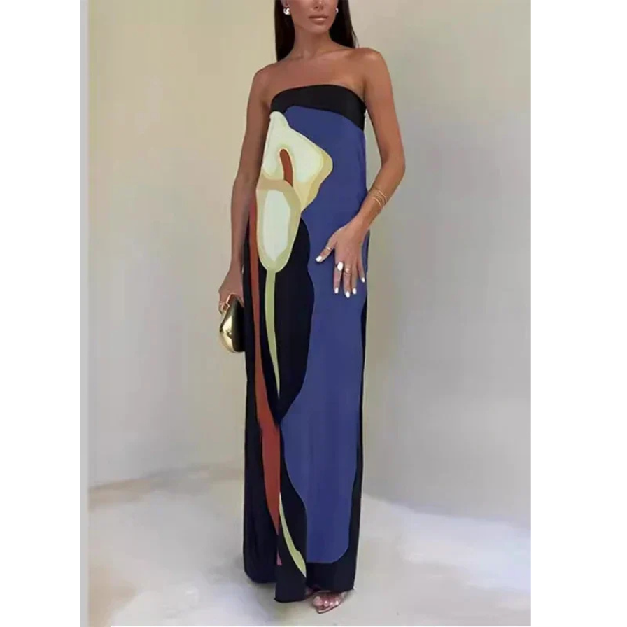 Damen Maxikleid mit abstraktem Print und trägerlosem Design