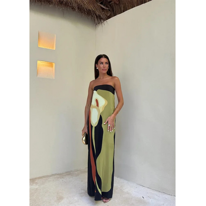 Damen Maxikleid mit abstraktem Print und trägerlosem Design