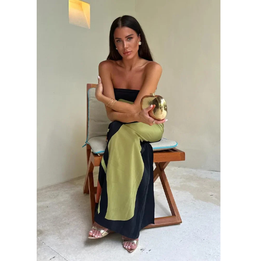 Damen Maxikleid mit abstraktem Print und trägerlosem Design