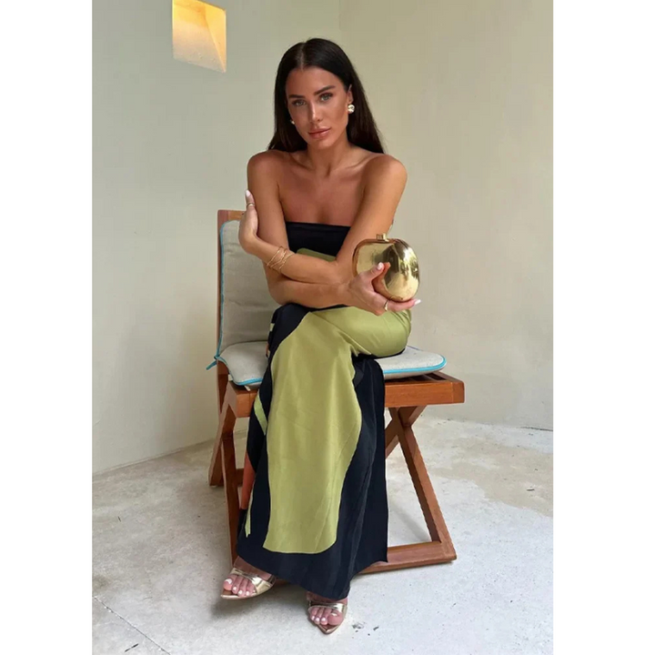 Damen Maxikleid mit abstraktem Print und trägerlosem Design