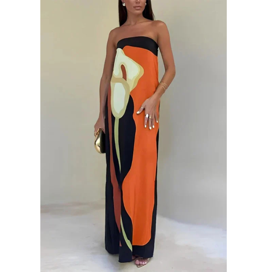 Damen Maxikleid mit abstraktem Print und trägerlosem Design