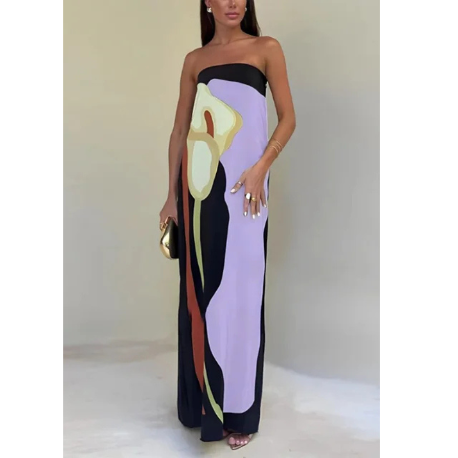 Damen Maxikleid mit abstraktem Print und trägerlosem Design
