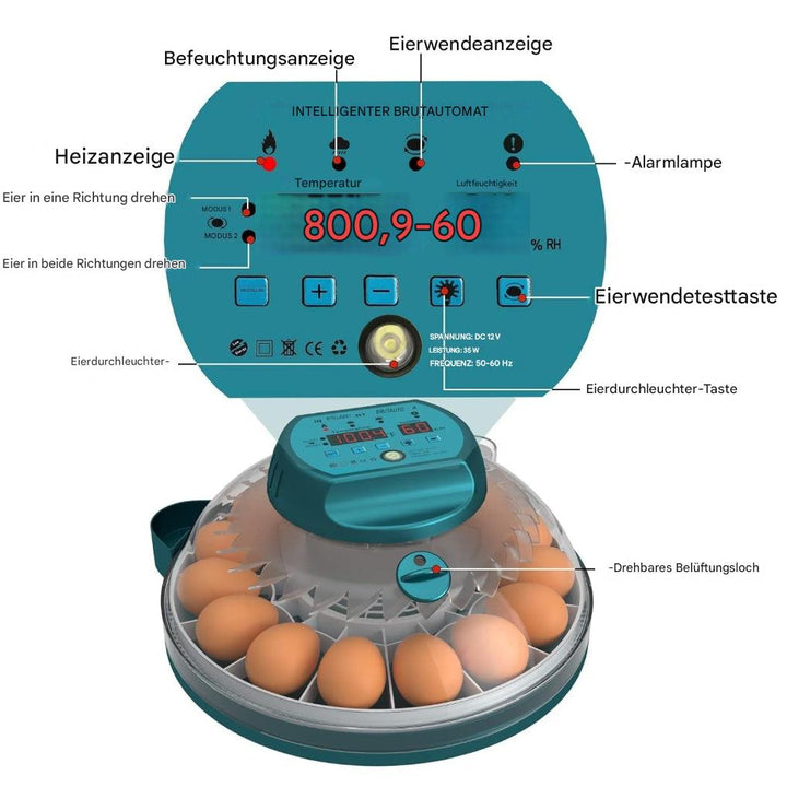 15-Eier-Brutkasten mit automatischer Feuchtigkeitsregelung