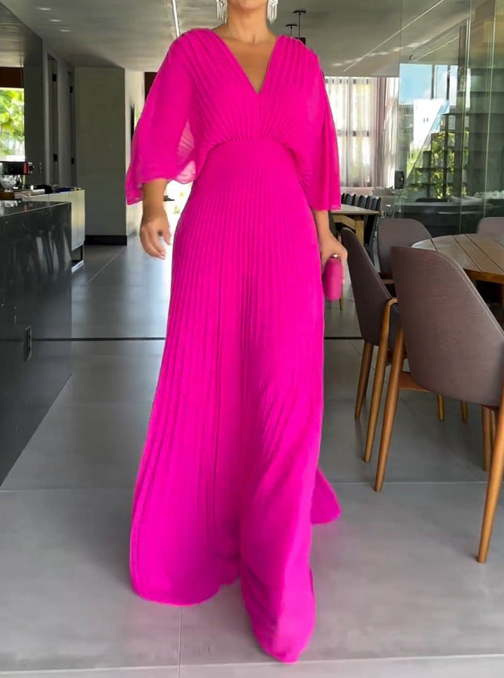 Damen Pleated Maxi-Kleid mit V-Ausschnitt für den Sommer