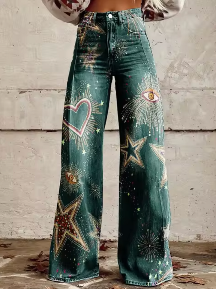 Damen Jeanshose mit hohem Bund und Grafikprint