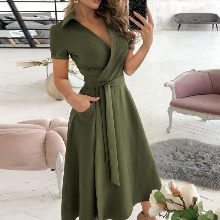 Damen Sommer Midikleid mit Gürtel und Taschen