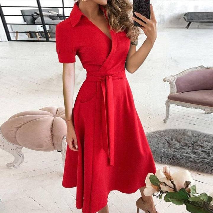 Damen Sommer Midikleid mit Gürtel und Taschen