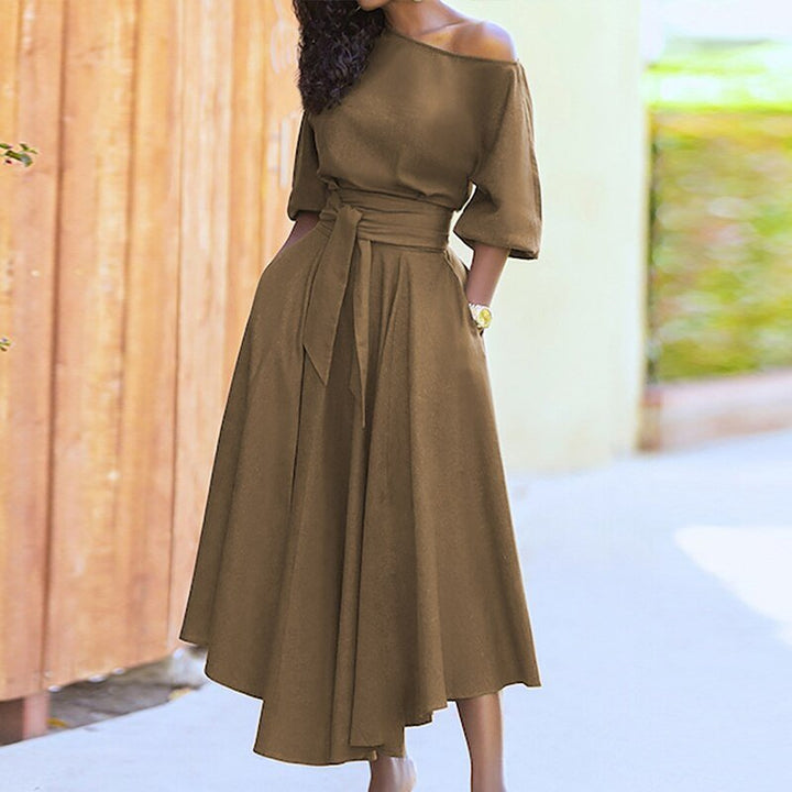 Damen Sommer Midikleid mit Gürtel und Taschen