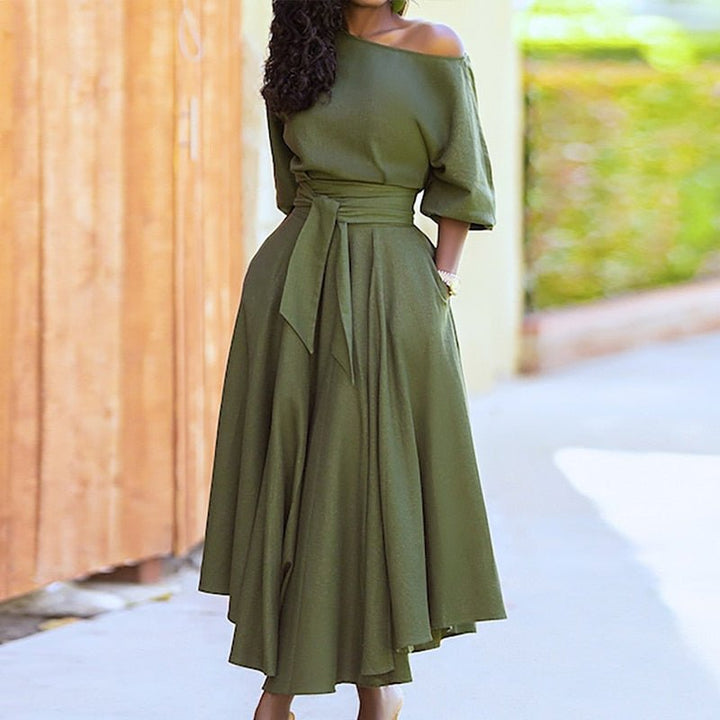 Damen Sommer Midikleid mit Gürtel und Taschen
