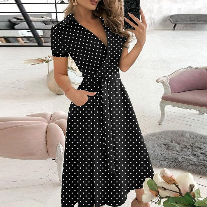 Damen Sommer Midikleid mit Gürtel und Taschen