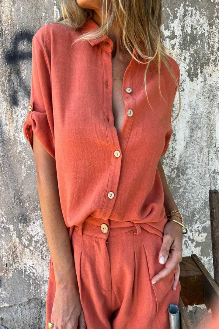 Damen Sommer Short Set aus Leinen mit Knöpfen