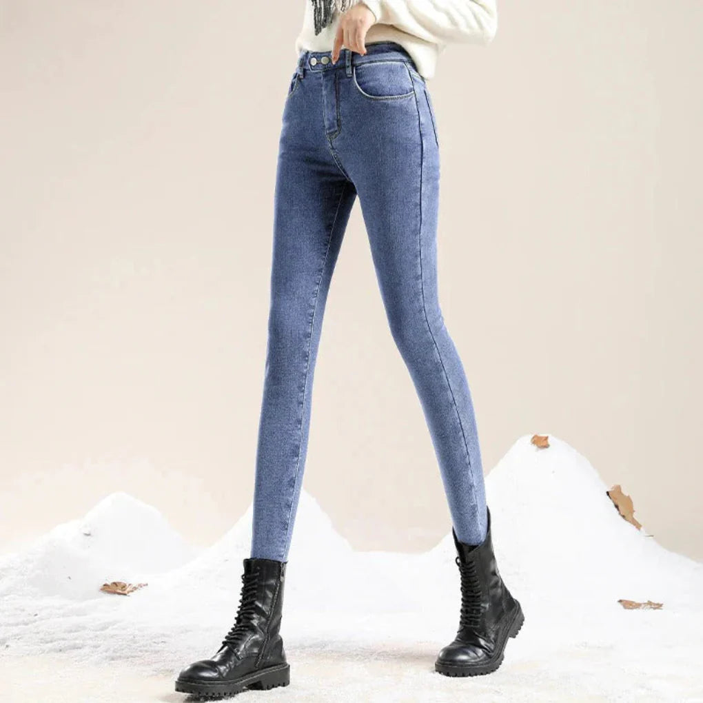 Winterjeans für Damen mit hoher Taille, gefüttert für kalte Tage